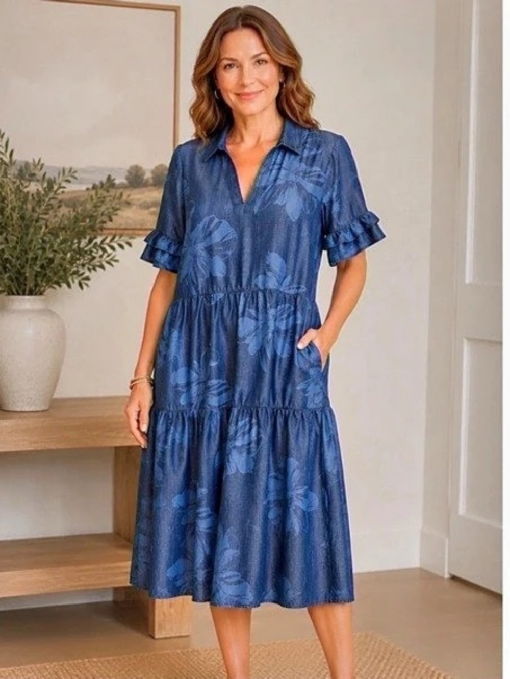 Chico's Lyocell Chambray Floral Tiered Ruffle Sleeve Shift Dress size 1 Medium